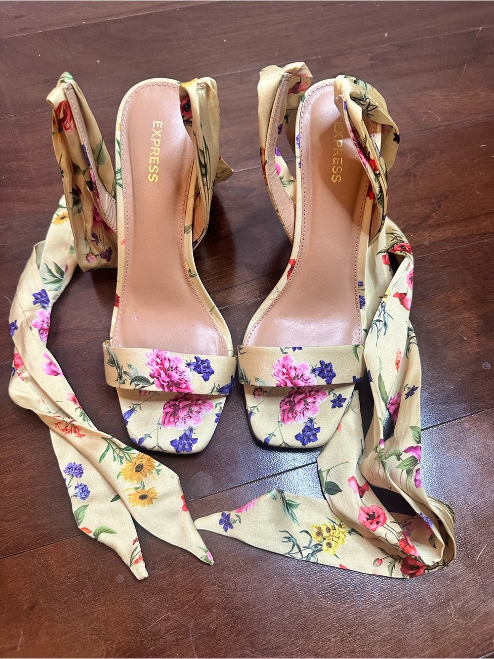 Express Floral Tie-Wrap Heeled Sandals in Yellow